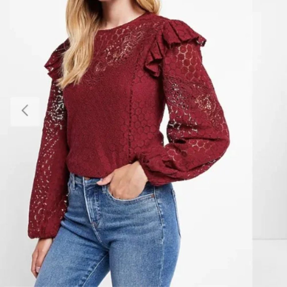 NWT Express Women's Lace Long Sleeve Ruffle Shoulder Top Ruby XS